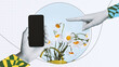 © Prostock-studio - A hand holds a smartphone while another hand points towards a flower arrangement. The setting includes a circular design that connects the phone and flowers.
