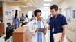 © Sonthana - Two healthcare professionals discuss patient information on a tablet in a busy hospital corridor.