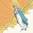 © Adelia - Sacred depiction of Blessed Virgin Mary praying in heaven surrounded by clouds and sun rays