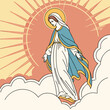 © Adelia - Sacred religious depiction of Blessed Virgin Mary floating among clouds under radiant sun