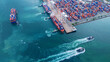 © Yellow Boat - multiple tugboats assisting and maneuvering large container ships in a busy industrial harbor. Concept of maritime logistics coordination, international trade, and efficient port terminal operations.