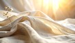 © More. - Soft tumbling linen fabric with dried flower in morning sunlight, dreamy natural lifestyle scene