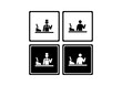 © sans - Set of four minimalist pictograms in showing a cashier and customer at a retail counter, representing sales, checkout, and customer service.