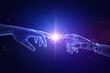 © Denkun - Futuristic Digital Connection between Human and Robot Hand Touching Fingertips with Spark of Light, Wireframe AI Partnership and Technology Innovation Concept, 3D Render Illustration