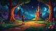 © andi - Boy gazing at magical castle, night, forest path, starry sky, children's book illustration