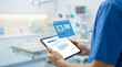 © SYATRI RAWU - Male veterinarian in blue scrubs holding digital tablet with holographic pet health records interface for modern animal clinical management services.