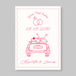 © Proyecto Randy - Save the Date Wedding Announcement Card with Hand-Drawn Vintage Car and Rings Illustration in Pink Line Art Style