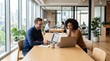 © ameliabusinessstock - Two smiling colleagues working together on a laptop in a well-lit contemporary office space. Ideal for business, teamwork, remote work, and corporate marketing content