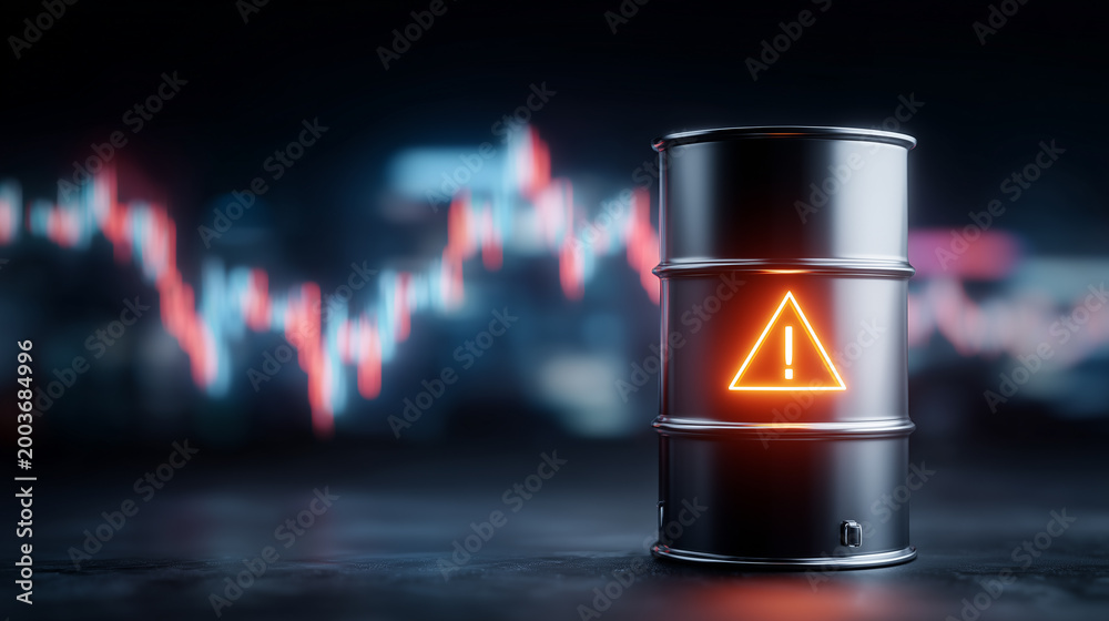 An oil barrel with warning sign in front of market charts illustrating ...