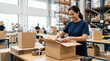 © Xenia - Female warehouse employee packing an order into a cardboard box. Smiling woman preparing a package for shipping at a fulfillment center desk. E-commerce logistics concept