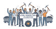 © Juliansyah - Diverse Group of Coal Miners Celebrating Miners Day Holding Banner and Pickaxes Vector