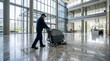 © Arina - Professional male cleaner operating an industrial floor scrubbing machine in a bright modern office lobby with natural light for facility maintenance services concept