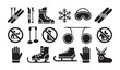 © MDABDUR - Winter mountain resort icons set featuring skiing gear equipment and prohibited activity sign.