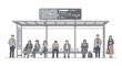© DedeRes93 - Illustration of a diverse group of commuters waiting at a modern bus stop with a map display, showcasing various poses and attire in a neutral color palette.