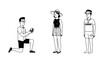 © delik - Man proposing to woman with lifeguard in background, black and white line art illustration.