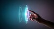 © Designer - Futuristic digital interface with glowing blue circles, human hand touching virtual holographic screen, innovative technology concept for business