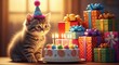 © Azra - Adorable tabby kitten wearing birthday hat, cute cat celebrating with colorful cake and lit candles, festive pile of wrapped gift boxes