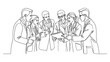© Three - Continuous line drawing of a diverse group of medical doctors consulting together.