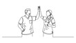 © Three - Continuous line drawing of two medical professionals giving a high five.