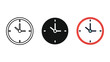 © hasina - Set of three clock icons: outline, filled black, and red border, representing time, vector illustration