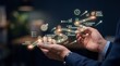 © Xos Contributor  - Businessman analyzing data on smartphone with glowing digital chart and icons floating above screen in dark room