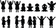 © Md - Children silhouettes set featuring kids playing sitting angel wings handshake standing poses isolated vector illustration collection