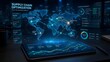 ©  DreamBuild Studio - A futuristic global supply chain optimization graphic displayed on a tablet screen