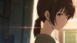© Mind Depth Graphix - Cinematic side portrait of a beautiful anime girl with brown hair in a ponytail. Emotional atmospheric manga art style with golden hour lighting and copy space.