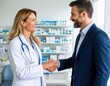 © Ирина Самойлова - A pharmacist sales representative shakes hands with a doctor.