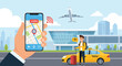 © Siraj - Hand holds a smartphone with a navigation app as a man with a suitcase waits at an airport with a plane taking off.