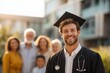 © Alena - Smiling young male doctor graduate in academic cap gown and stethoscope celebrating with diverse multi generation family support on university campus during sunset achievement medical school diploma p