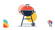 © Sultan - Classic round charcoal grill with a red lid and black body is shown on a white background with colorful abstract elements.