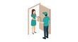 © Fahim - A courier in a turquoise uniform delivers a package to a woman standing in an open doorway of a minimalist building setting with a clean flat color palette.
