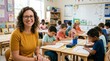 © Eve - Portrait of friendly female teacher wearing glasses in bright classroom with elementary students, education and tutoring concept