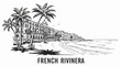 © arhi - Vintage line art of a coastal town with palm trees and ocean