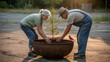 © Infinity in the lens - Two people planting young tree in pot outdoors. Ecology, sustainability and teamwork concept, caring for nature, environmental protection and growth.