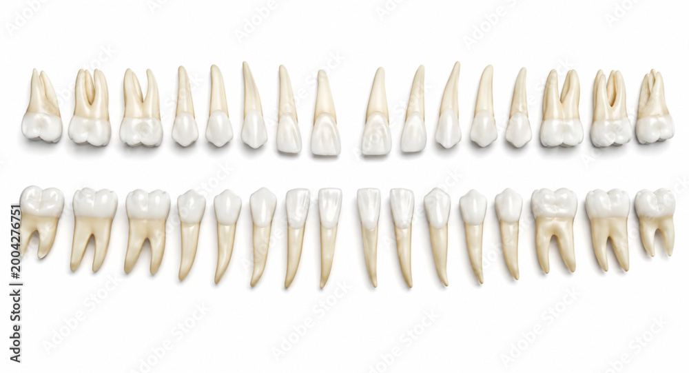 An anatomical display of a complete set of permanent human teeth ...