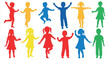 © SnapNest - Colorful children silhouettes set, group of 12 happy kids playing and dancing, primary color vector silhouettes of boys and girls in motion