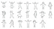 © SnapNest - Hand drawn line art children icons set, 20 happy kids in active poses vector, minimalist black and white doodle characters for coloring and education