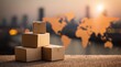 © dmmarychev - Stacked cardboard delivery boxes on rooftop with world map and city sunset background