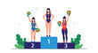 © Rezvi - Female athletes standing on a victory podium with gold, silver, and bronze medals, celebrating their sports achievement with colorful flowers.