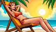 © Lyudmila Finkel - Young woman in bikini relaxing on beach chair under sun with palm trees,  pop art style