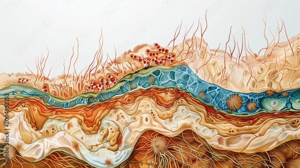 Morgellons disease: scientific illustration of human skin layers cross ...
