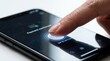 © Alpha - Hand interacting with modern smartphone screen finger pressing payment confirmation button sleek