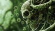 © Asgar - Eerie Green Skull Surrounded by Virus Particles Macabre Medical Concept.