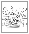 © Vect Village - Hand drawn cartoon rhino jungle animal coloring page for kids black vector line art illustration