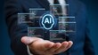© MOST - A businessman presenting a futuristic digital interface displaying AI technology and code snippets, showcasing advanced artificial intelligence concepts