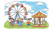 © Amie - Flat style vector illustration of children at amusement park in kids drawing style with ferris wheel and balloons, expressing excitement, fun, and playful entertainment