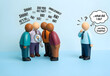 © Ramani - Cartoon figures with speech bubbles whisper and laugh while one isolated character wonders. Conceptual social image symbolizes gossip, exclusion, bullying, loneliness, and group dynamics.