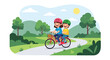 © Amie - Flat style vector illustration of kids riding a bicycle together in a park, representing active lifestyle, outdoor adventure, friendship, and healthy childhood activities in summer